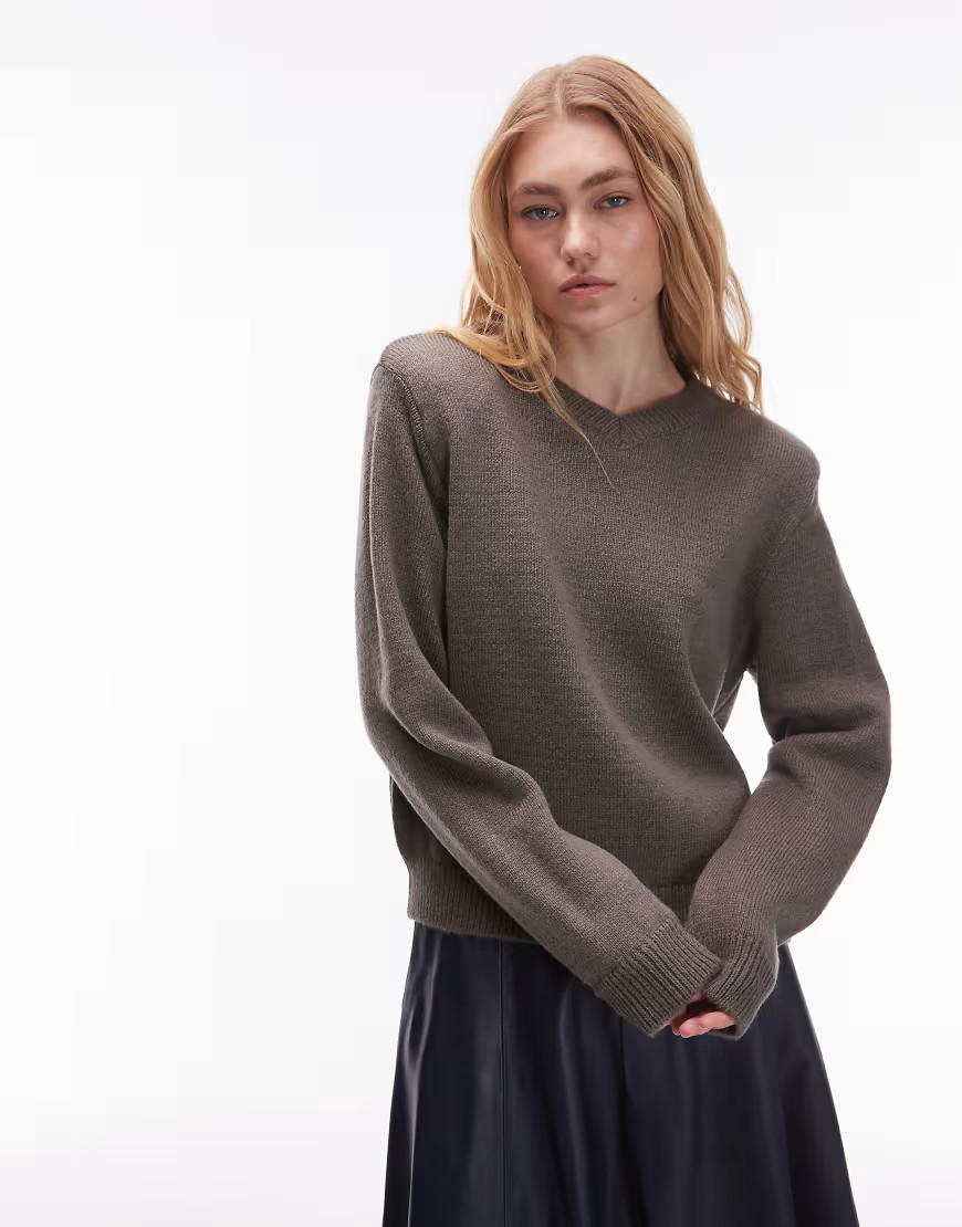 ASOS DESIGN knitted high v neck sweaters with shoulder pads in gray | ASOS (Global)