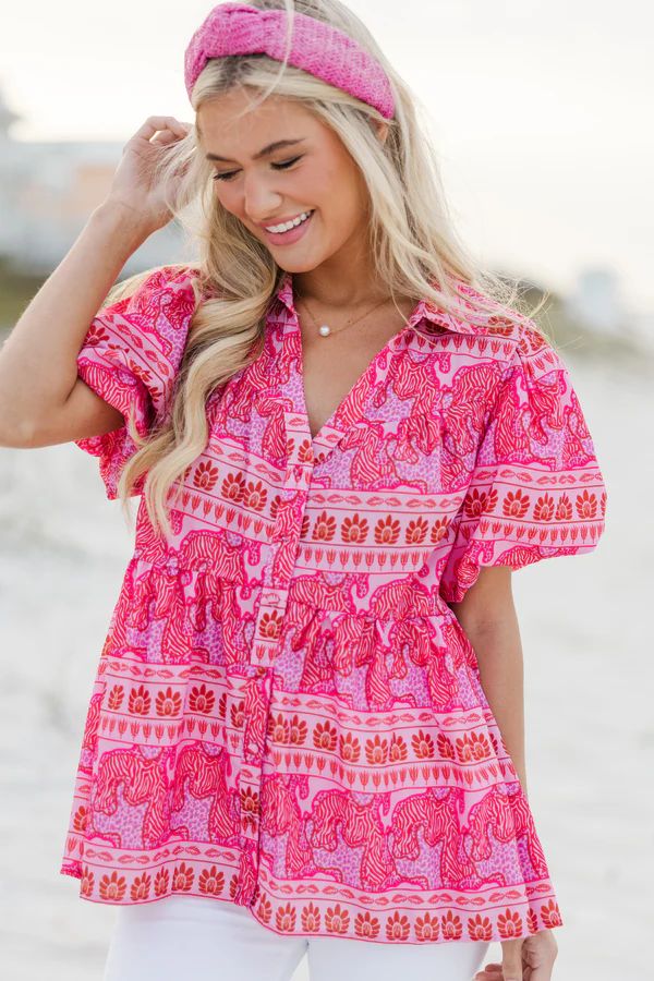 In This Place Hot Pink Printed Blouse | The Mint Julep Boutique