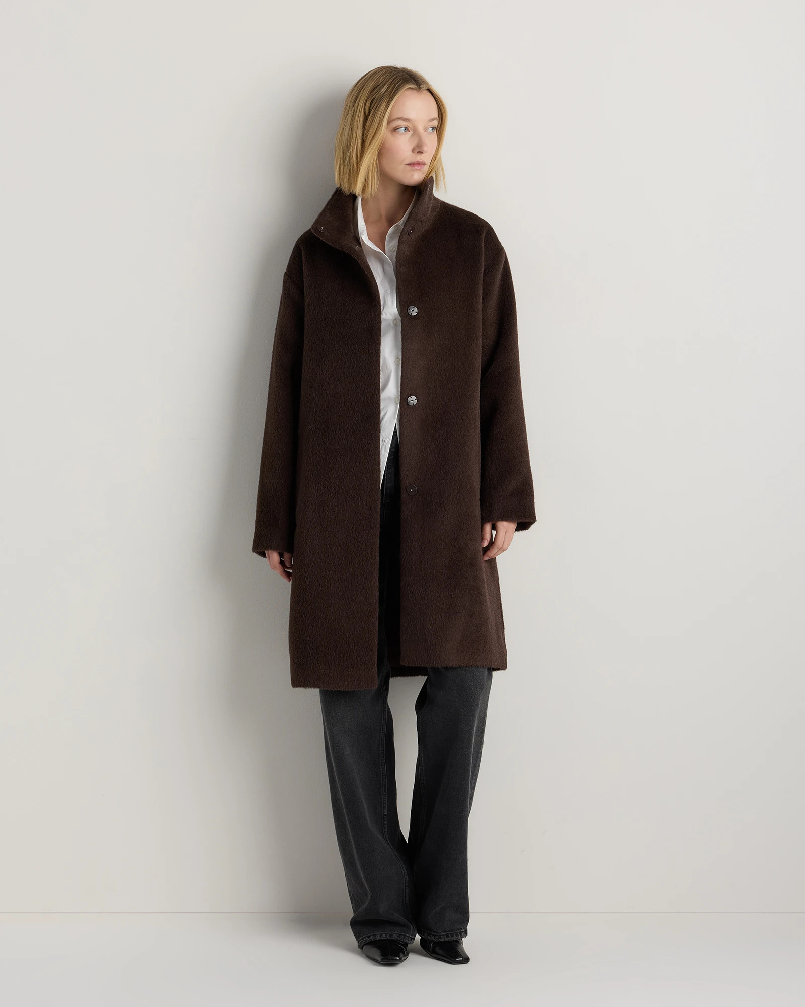 Quince | Women's Alpaca-Wool Stand Collar Coat in Black, Size Medium | Quince