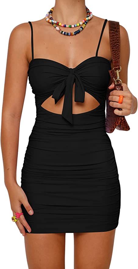 BORIFLORS Women's Sexy Bodycon Cut Out Ruched Backless Spaghetti Strap Mini Club Party Dresses | Amazon (US)