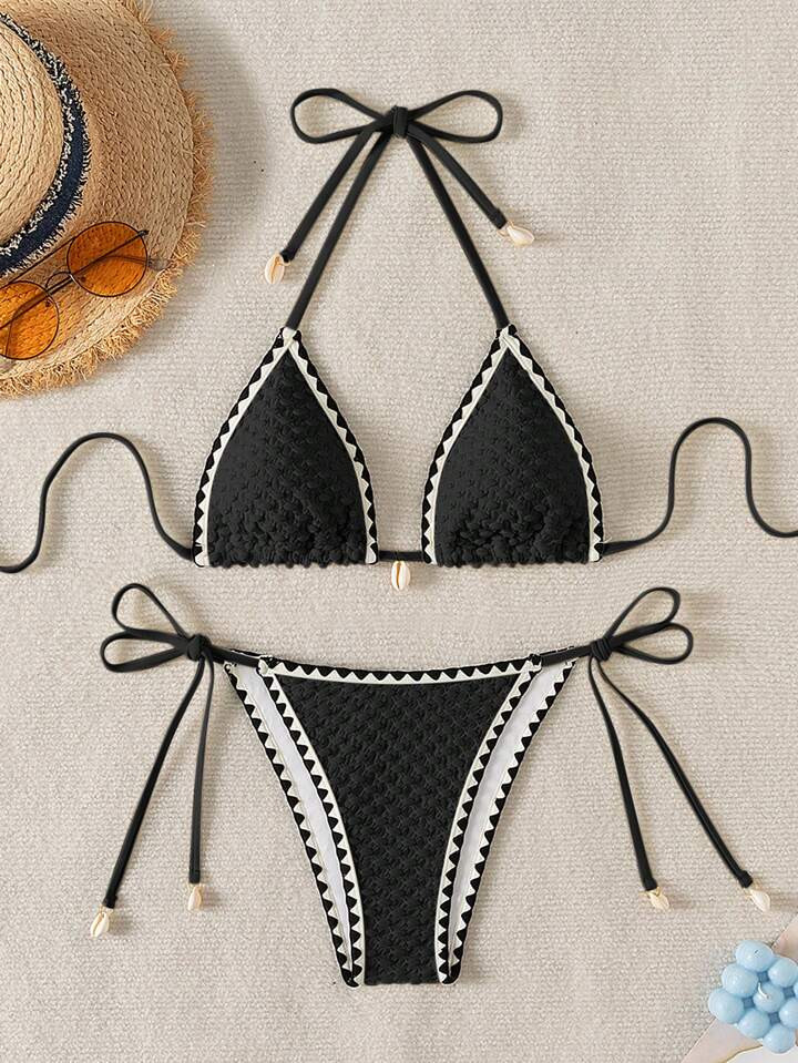 SHEIN Swim Women's Holiday Stripe Rim Halter Neck Tie Sexy Bikini Set With Separated Swimwear,Sum... | SHEIN