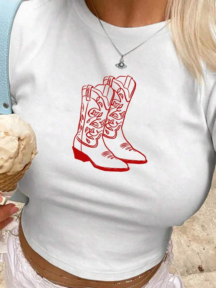 SHEIN MOOSTA Women's Y2K Summer Western Cowboy Boots Crop Crop Top T-Shirt Graphic Tees Women Top... | SHEIN