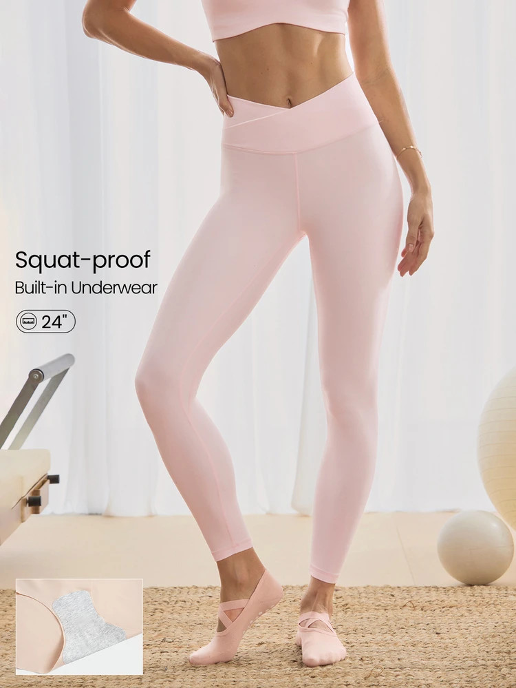 GLOWMODE 24" FeatherFit™ Crossover Yoga Pilates Leggings Buttery Soft High Stretch Crossover Waist Sports Tights Valentine's Day | SHEIN