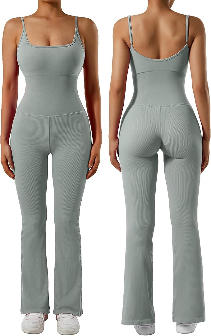 SUUKSESS Women Ribbed Flare One Piece Jumpsuits Seamless Padded Sexy Jumpsuit | Amazon (US)