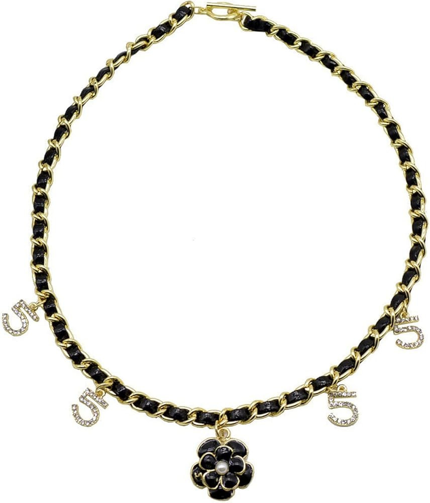 Letter 5 Black Rose Pendant Long Necklace Camellia Pendant Necklace Leather Necklace Women's Jewe... | Amazon (US)