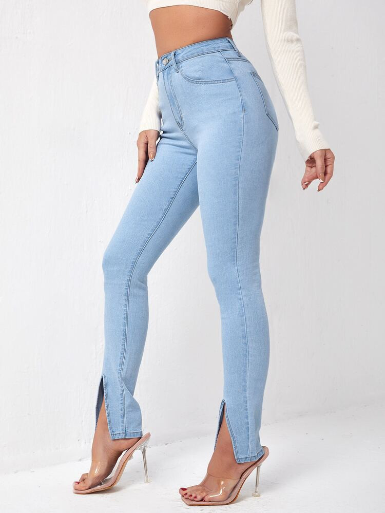 Curvy Light Washed Split Hem Skinny Jeans | SHEIN