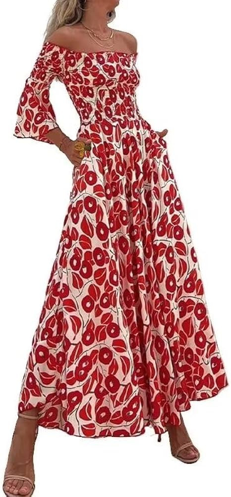 Summer Dress for Women Elegant Printed Pleated Dress Short Sleeve Straight Shoulder Dress Hoilday... | Amazon (US)