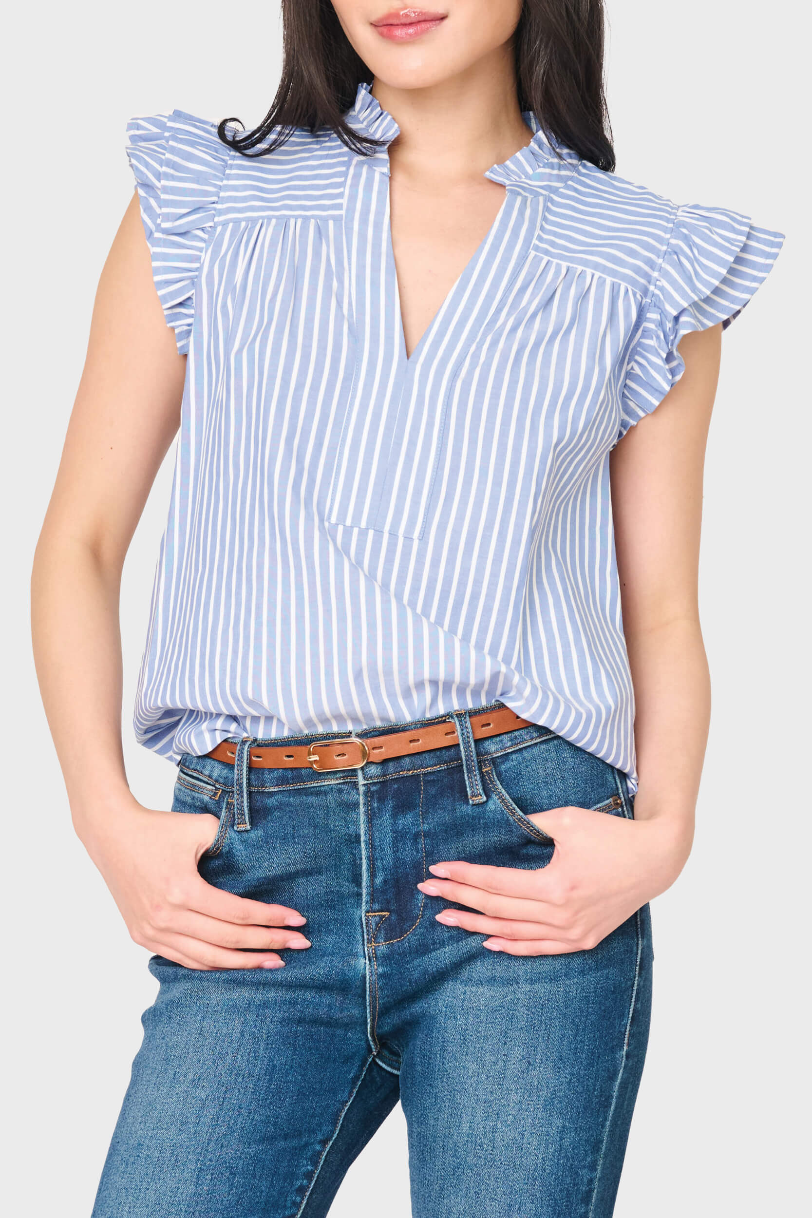 Blue Stripe Flutter Sleeve Top | Gibsonlook | Gibsonlook
