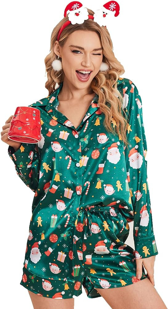 Ekouaer Womens Two Piece Satin Pajama Set Long Sleeve Lounge Sets Button Down Shirts and Shorts P... | Amazon (US)