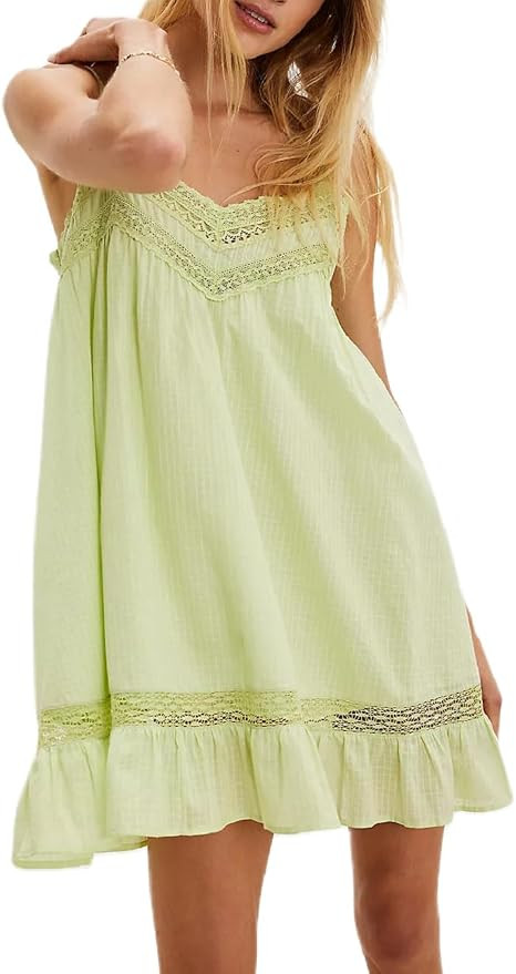 Women Lace Trim Mini Cami Dress Floral Ruffle Flowy Babydoll Dress Boho Spaghetti Strap Loose Sli... | Amazon (US)