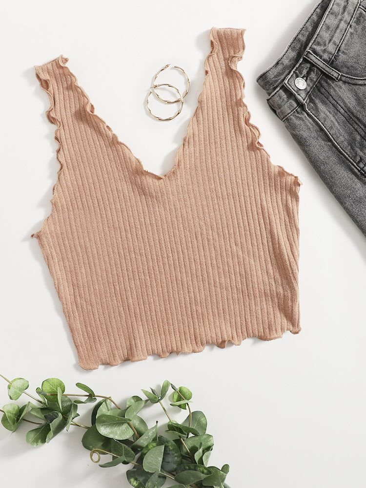 Solid Rib-knit Lettuce Trim Tank Top | SHEIN