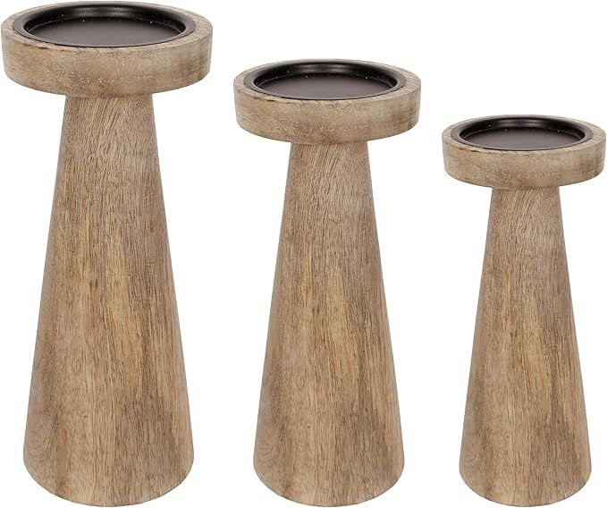 Sweet Summer Living Set of 3 Pieces Wood Pillar Candle Holders, Mango Wooden Candlesticks Holders... | Amazon (US)