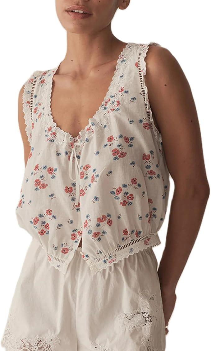 Women Floral Print Tank Top Cute Ruched Open Front Crop Shirt Sleeveless Pleated Ruffle Tank Top ... | Amazon (US)