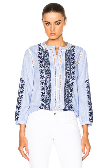 Veronica Beard Claire Button Down Embroidered Top in Blue, Stripes, Floral. - size 6 (also in 0) | FORWARD by elyse walker