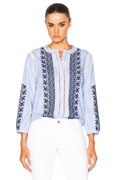Veronica Beard Claire Button Down Embroidered Top in Blue, Stripes, Floral. - size 6 (also in 0) | FORWARD by elyse walker