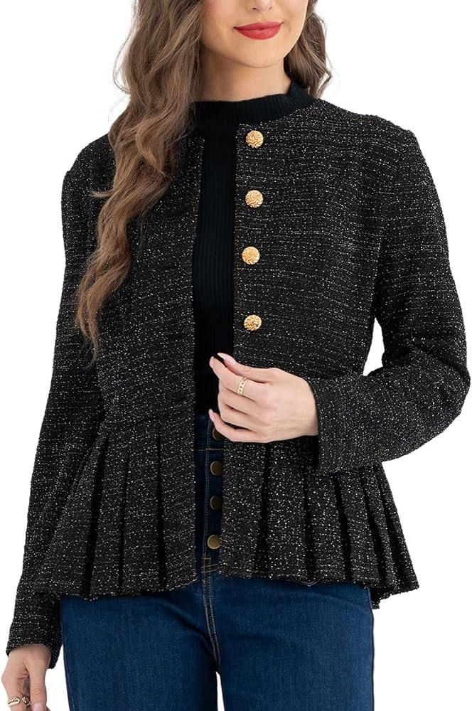 Belle Poque Womens Tweed Blazers Casual Jackets Long Sleeve Peplum Round Neck Ruffle Hem Button D... | Amazon (US)