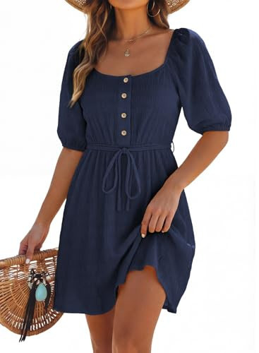 Dokotoo Casual Dresses for Women 2026 Boho Pleated Square Neck Short Dresses Half Sleeve A Line Blue Dress Cute Going Out Dress Fashion Elegant Button Dress X-Large | Amazon (US)