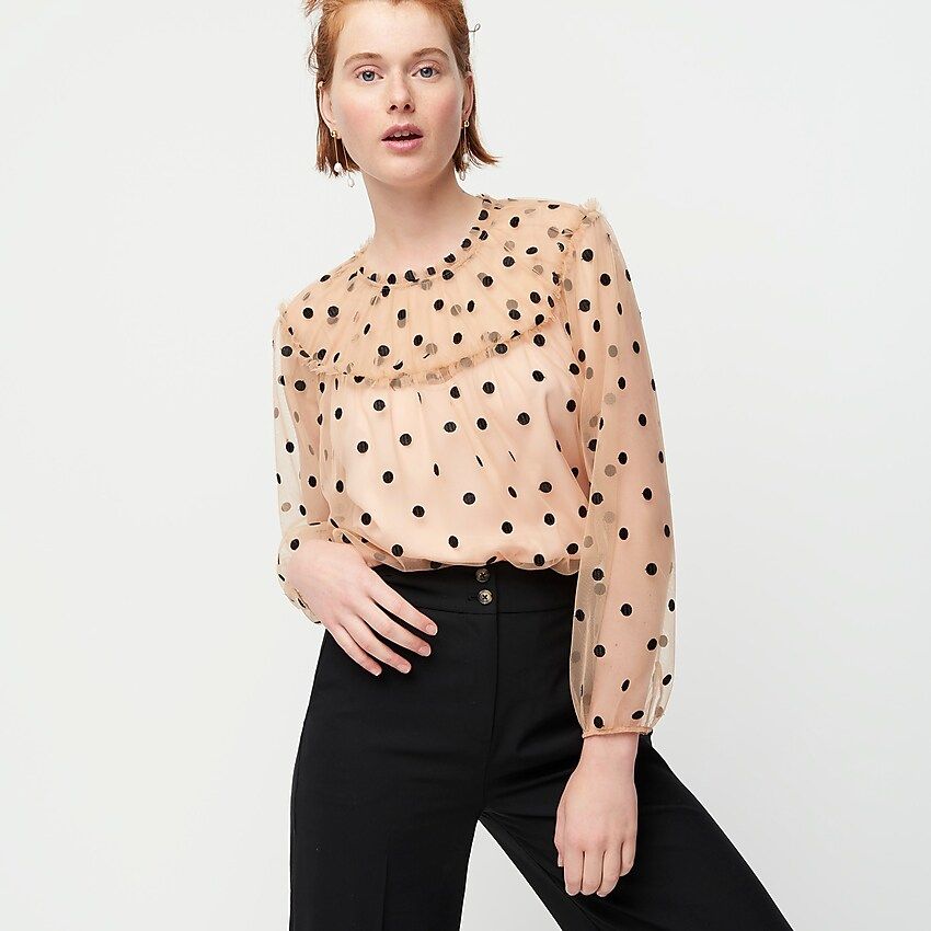 Gathered long-sleeve top in dotted tulle | J.Crew US