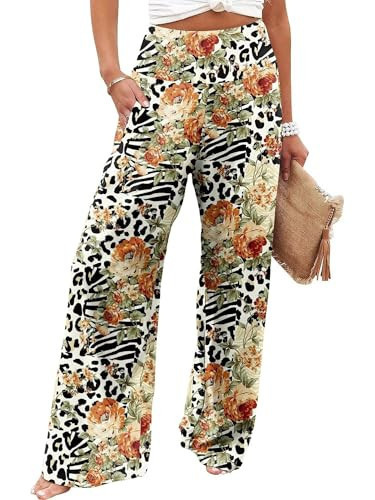 JZC Women's Casual Palazzo Pants Print Wide Leg Palazzo Lounge Toursers High Waist Flowy Pants Leopard Print Flowers | Amazon (US)