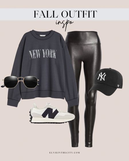 Fall outfit inspo! This New York sweatshirt pairs with Spanx leggings, metal framed sunglasses, a Yankee baseball cap and New Balance sneakers. 

Ootd, fall style, fall outfit, fall fashion, athleisure 

#LTKfindsunder50 #LTKstyletip #LTKshoecrush