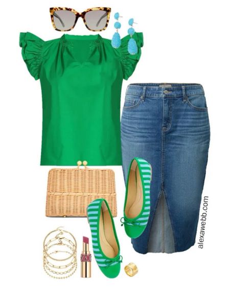Plus Size Green Frill Top Outfits 1 - A preppy plus size outfit for spring and summer. A plus size green frill top with a midi denim skirt and striped cap toe ballet flats. Alexa Webb #plussize

#LTKplussize #LTKstyletip #LTKover40