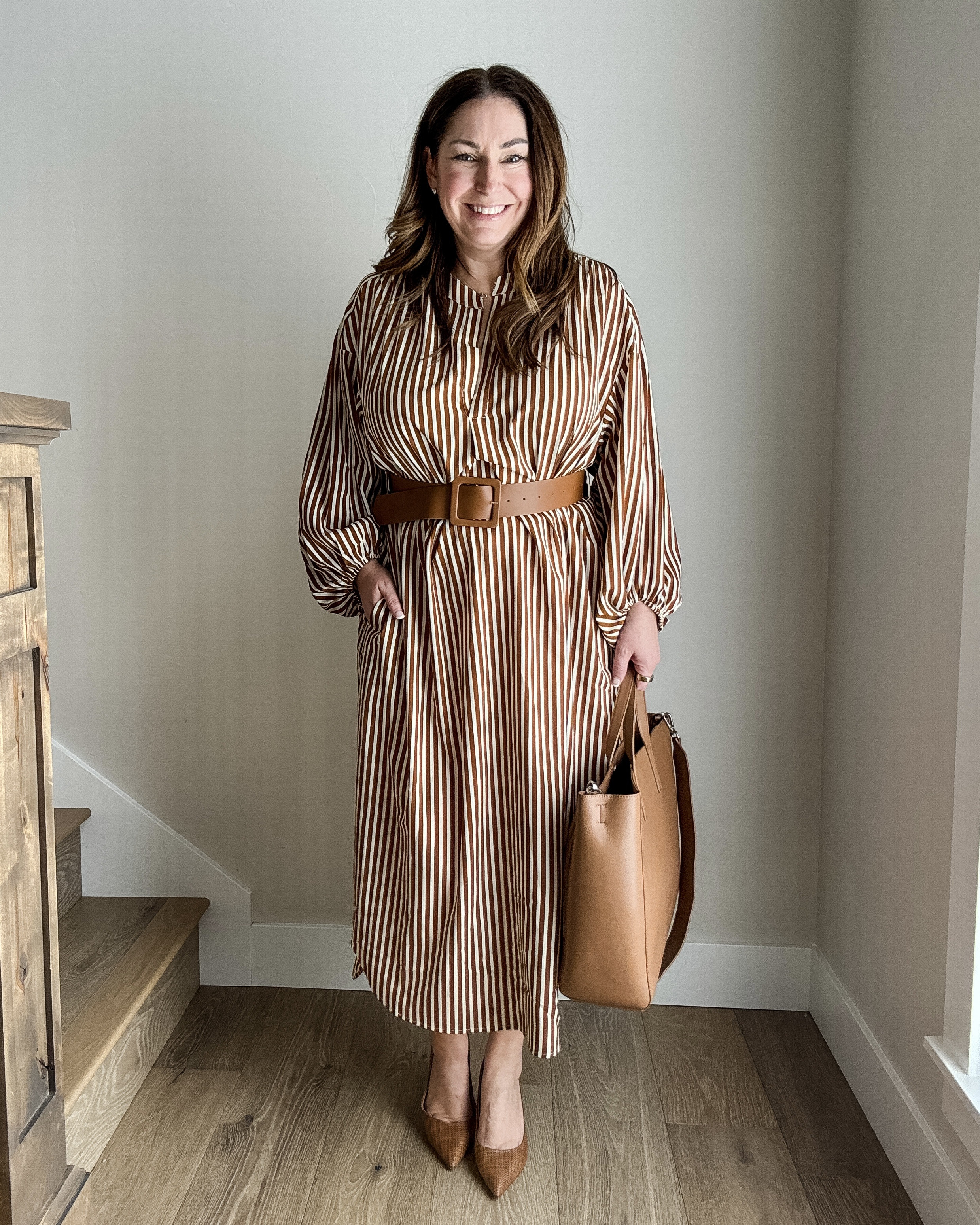 Spring Workwear Outfit Vici Collection Brown Striped Belted Shirtdress  // Wearing L  

 

#LTKOver40 #LTKMidsize #LTKWorkwear