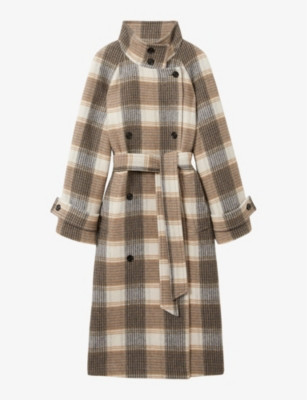 Piper funnel-neck belted-waist check wool-blend coat | Selfridges