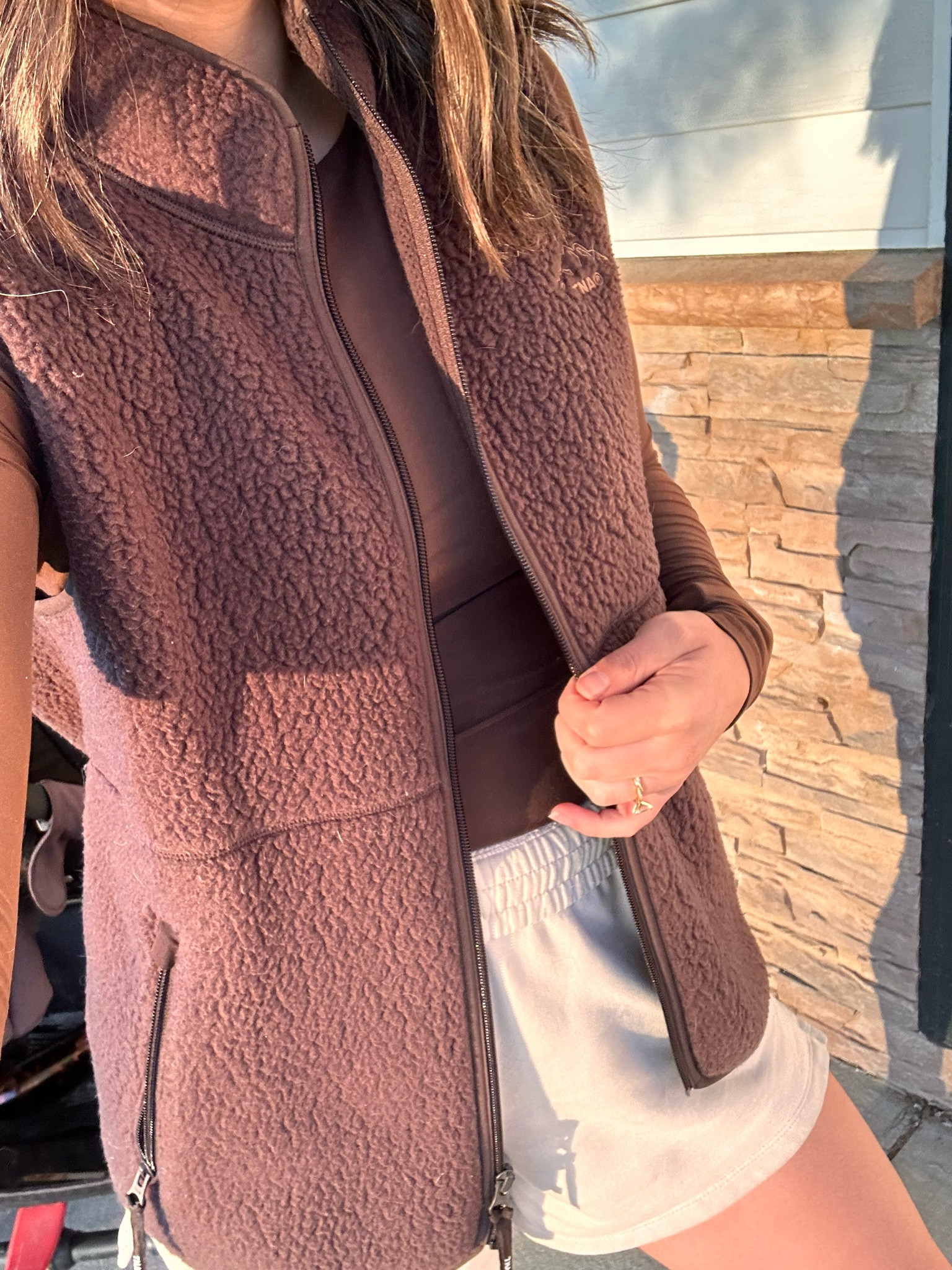 Fall outfit | Brown fleece vest over a tuckable long sleeve tee and comfy lounge shorts. Tee and shorts are currently 20% off in app. 

#LTKstyletip #LTKcanada #LTKsale