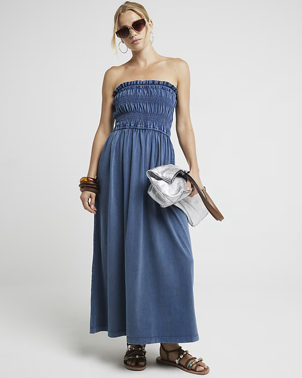 River Island Womens Blue Shirred Bandeau Midi Dress | River Island (UK & IE)