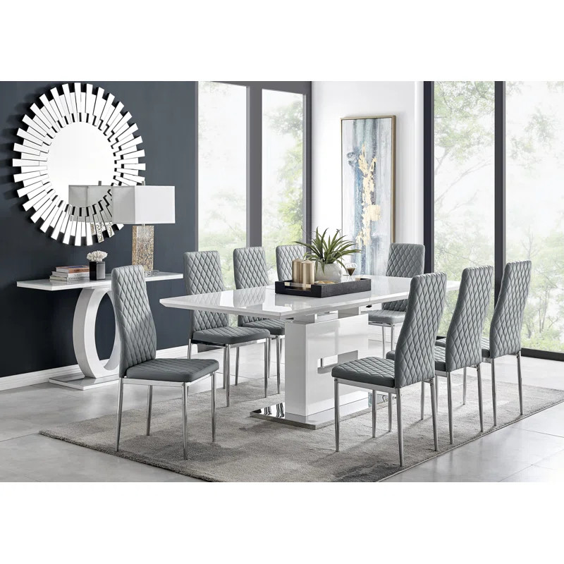 Areza High Gloss Extendable Dining Table Set with 8 Luxury Faux Leather Dining Chairs | Wayfair North America