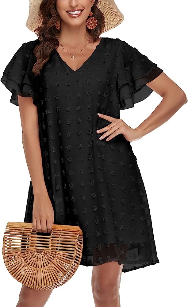 Vshemoi Summer Dresses with Sleeves for Women Swiss Dot Short Dress Loose Fit Flowy Shift Sundresses | Amazon (US)