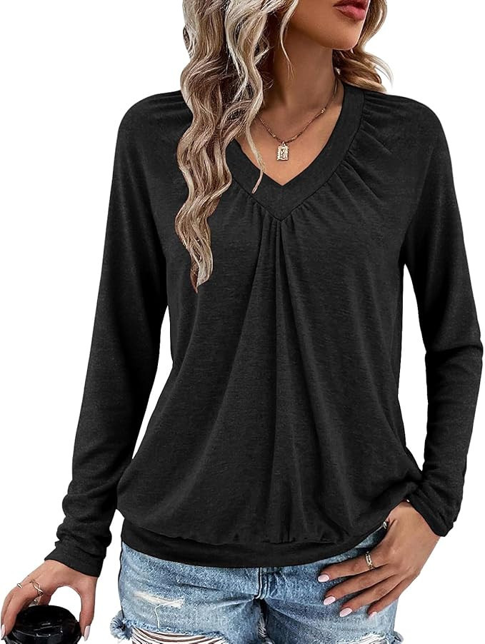 Long Sleeve Shirts for Women V Neck Casual Tops Women Long Sleeve Tops Basic T Shirts Outfits Wom... | Amazon (US)
