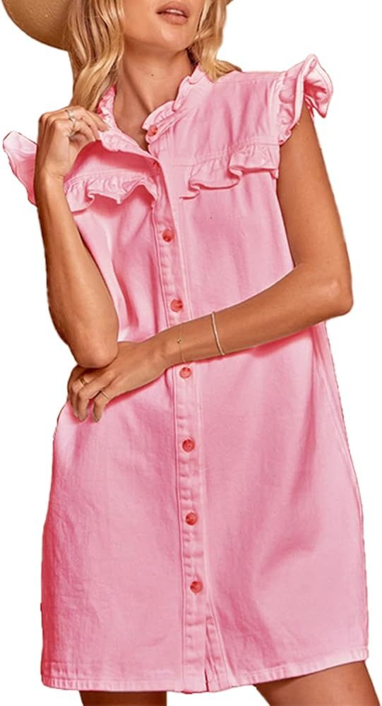 CYLADY Denim Dress for Women Sleeveless Babydoll Button Down Short Jean Dresses Cute Summer | Amazon (US)