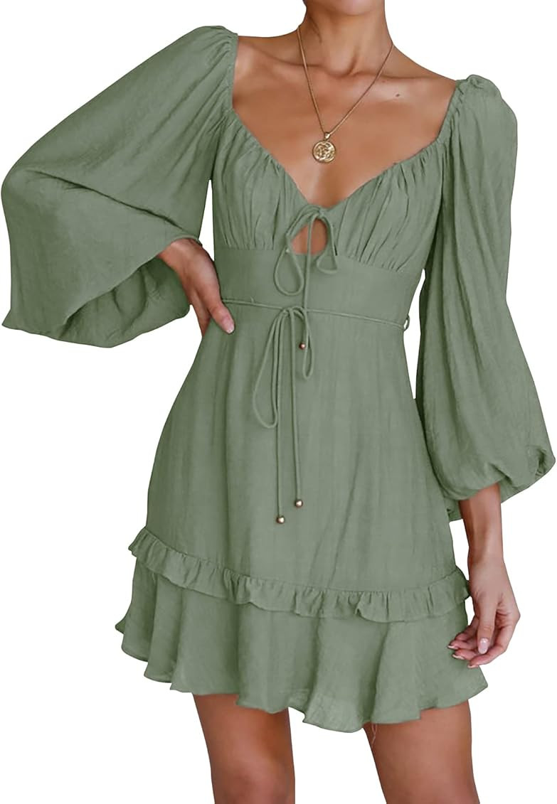 Febriajuce Women Puff Sleeve Dress Ruffle Cute Flowy Dresses Mini Fit and Flare Tie Front Princess D | Amazon (US)