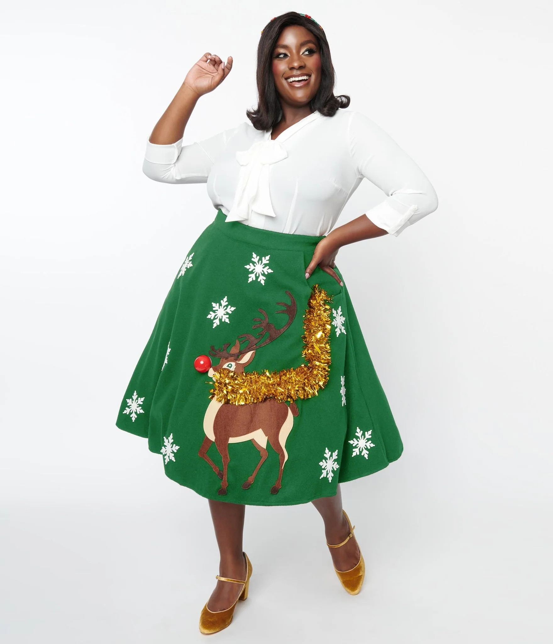 Unique Vintage Plus Size Green Red Nose Reindeer Soda Shop Swing Skirt | UniqueVintage