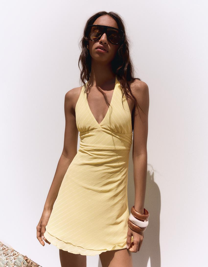 Striped mini halterneck dress - Women | Bershka UK