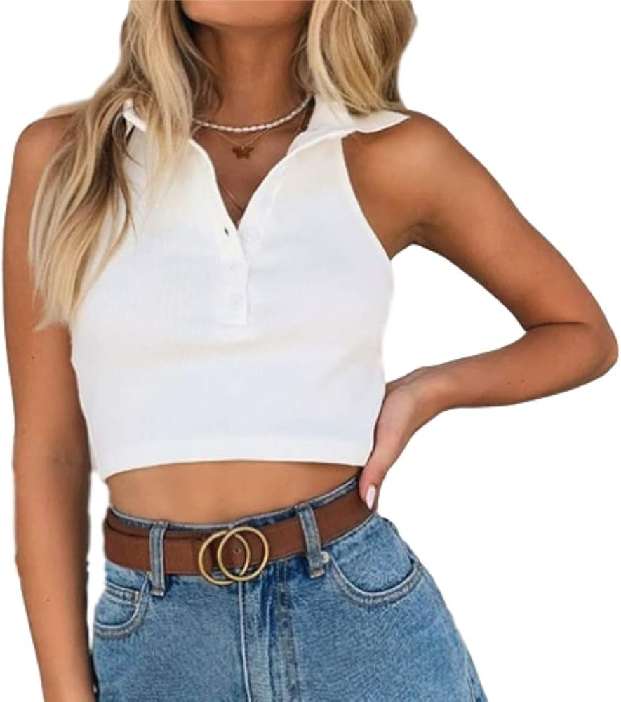 AYIYO Women's Polo Crop Top Slim Ribbed Button Down Backless Halter Knit Cami Shirts | Amazon (US)