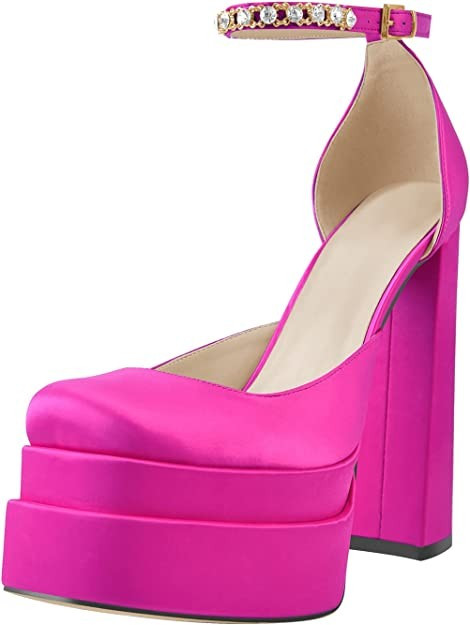onlymaker Women's Chunky Heel Platform Sandals Crystal Clasp Square Toe Rhinestone Ankle Strap Sa... | Amazon (US)