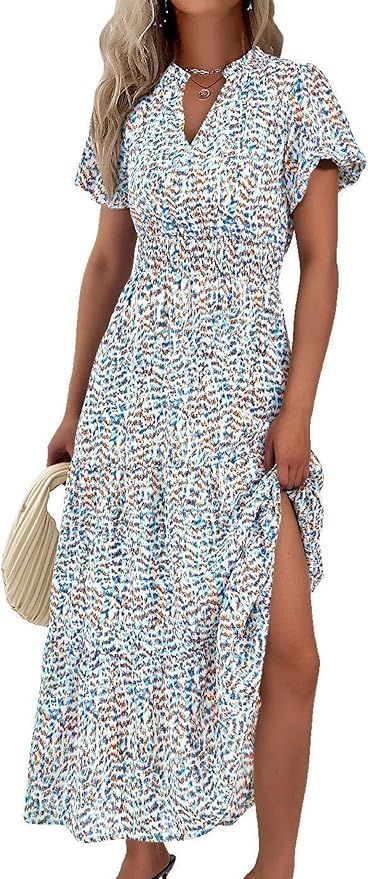 MASCOMODA Summer Maxi Dress for Women 2024 Casual V Neck Puff Short Sleeve Smocked Ruffle Flowy B... | Amazon (US)