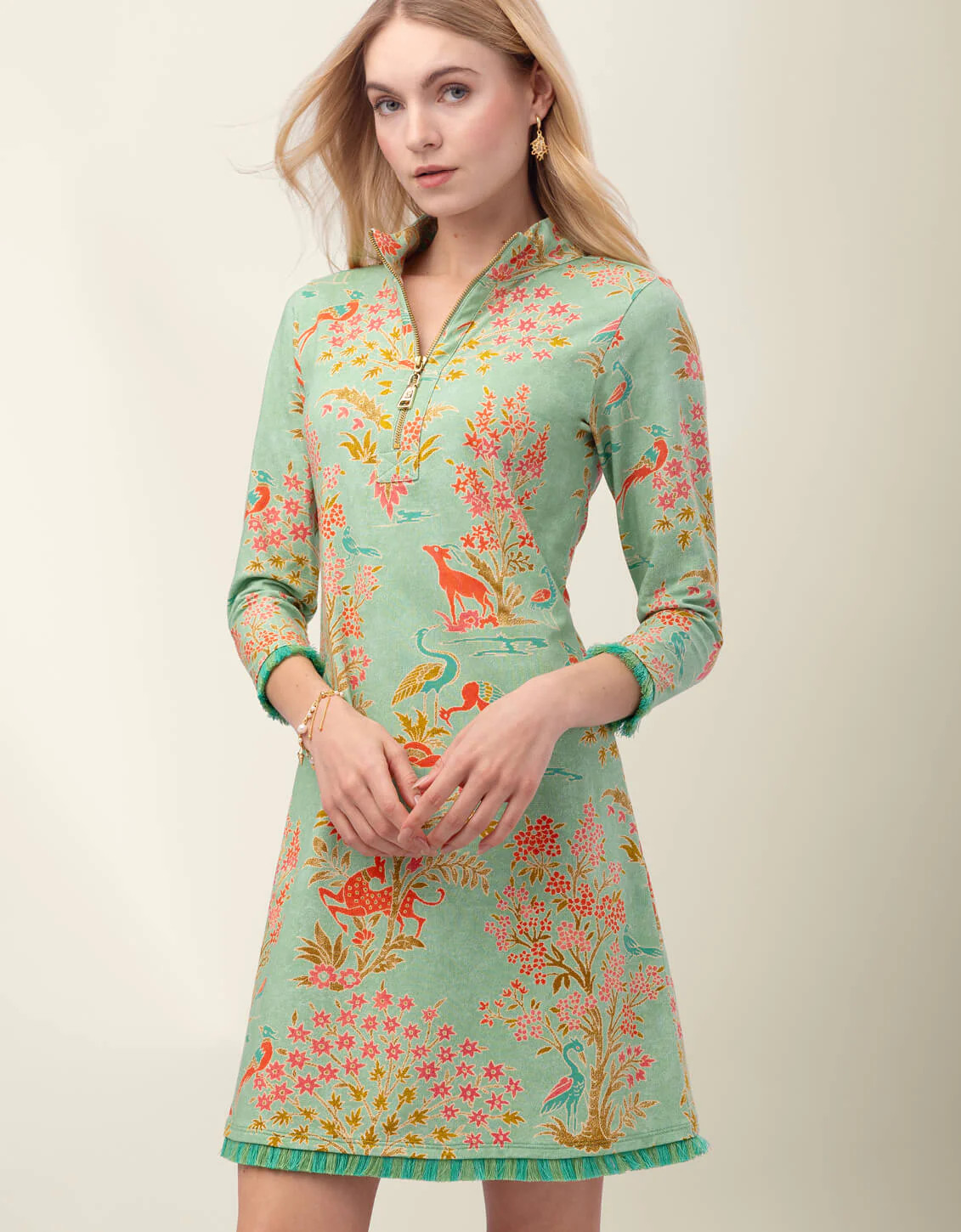 Nora Fringe Dress Castillo Toile Sea Foam | Spartina 449