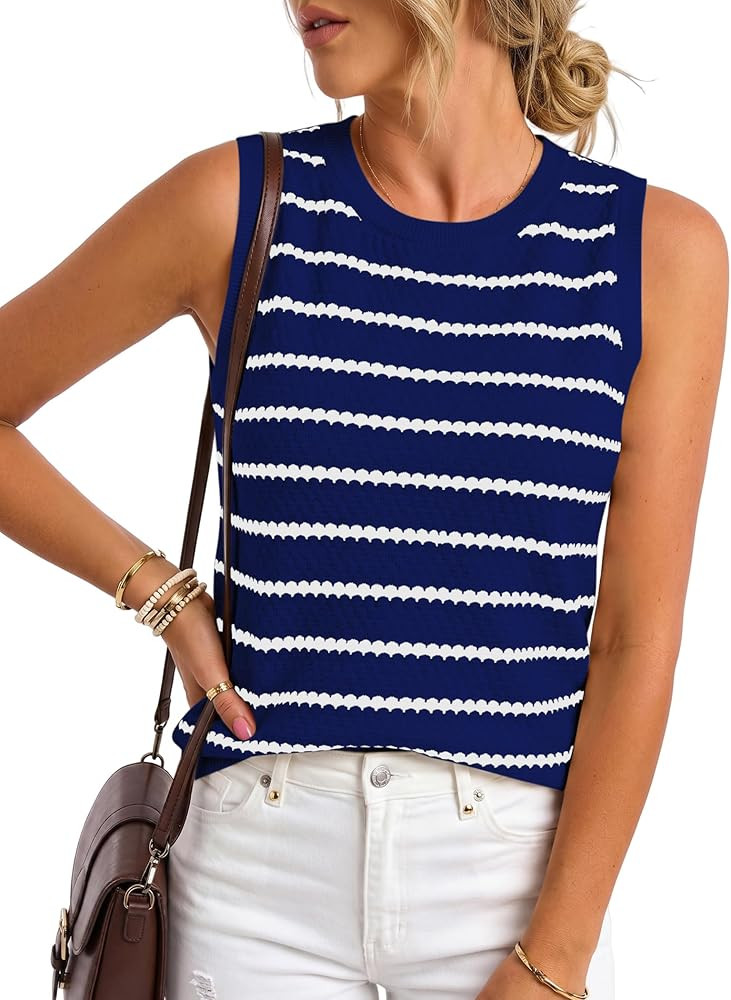 Women Sweater Vest Tank Top Crochet Striped Sleeveless Tops Round Neck Lightweight Knit Casual Lo... | Amazon (US)