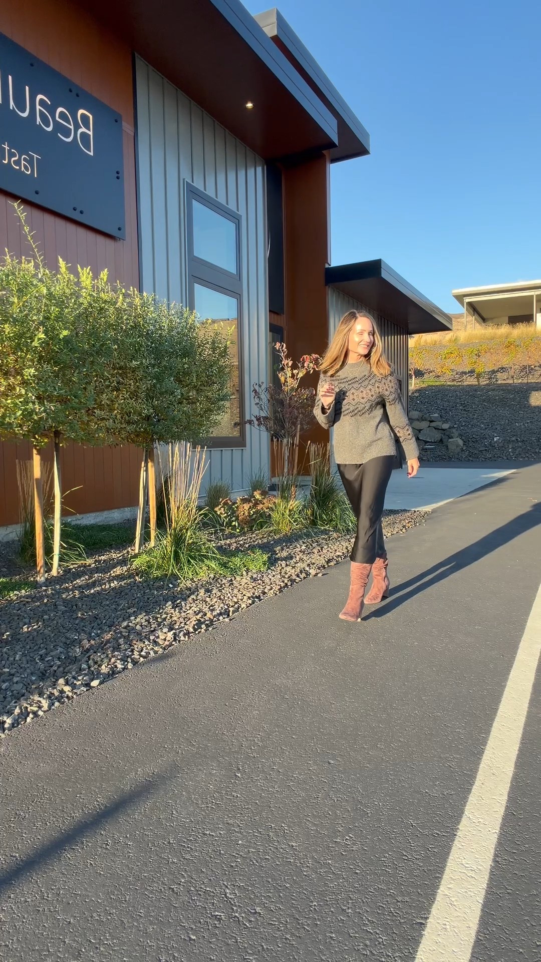 Fall style with washable silk skirt, suede boots and a cozy sweater