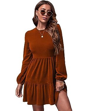 MakeMeChic Women's Long Sleeve Ruffle Hem Ribbed Knit Aline Short Swing Dress | Amazon (US)