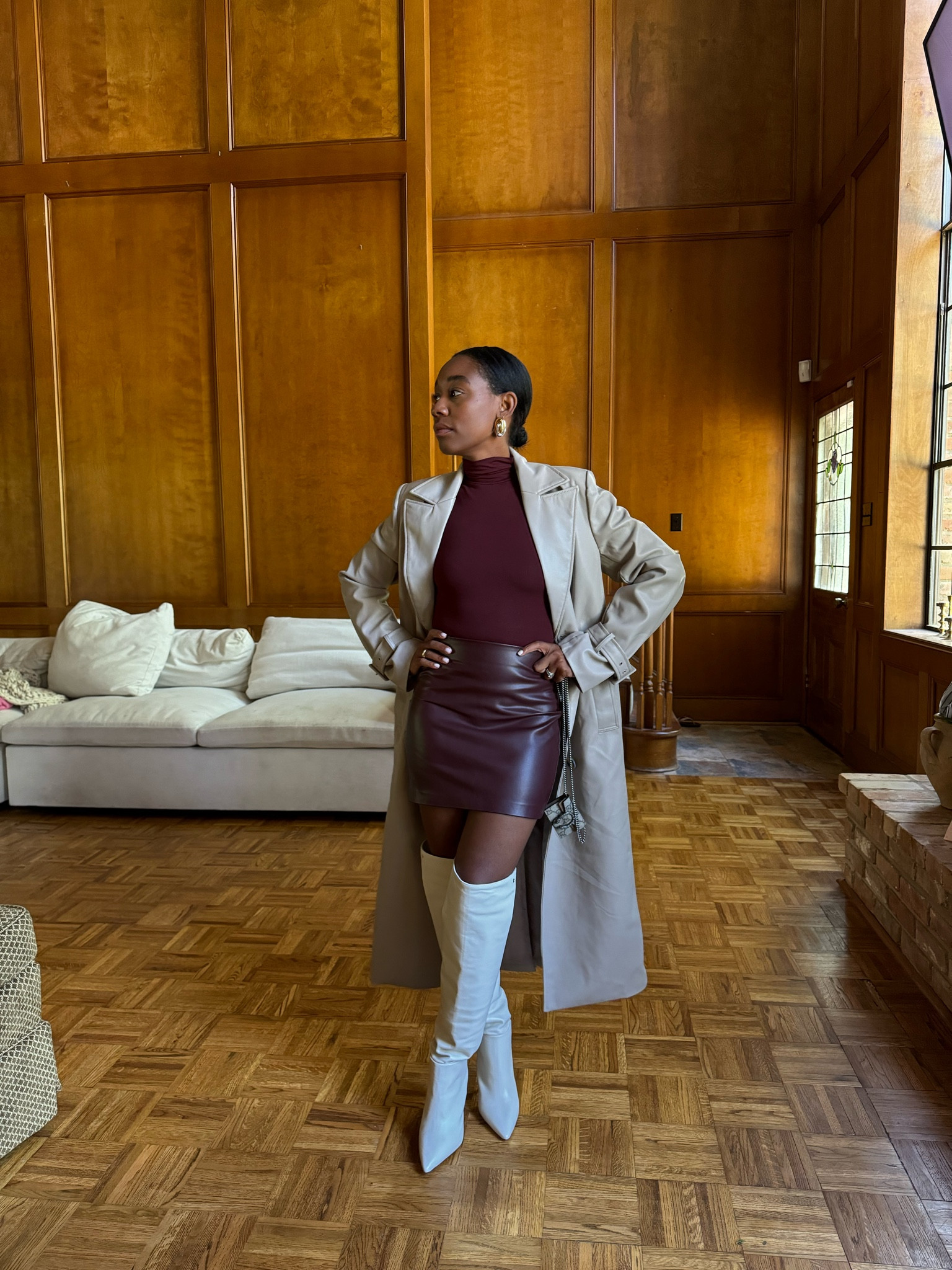 Fall outfit: trench coat, faux leather mini skirt in burgundy, and burgundy turtleneck top 

#LTKStyleTip