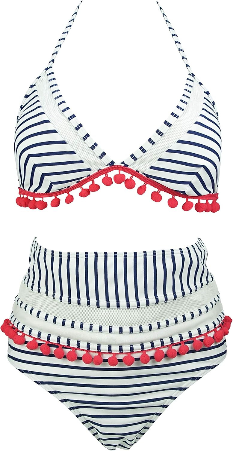 COCOSHIP Women's Mesh Striped High Waist Bikini Set Tassel Trim Top Halter Straps Swimsuit(FBA) | Amazon (US)