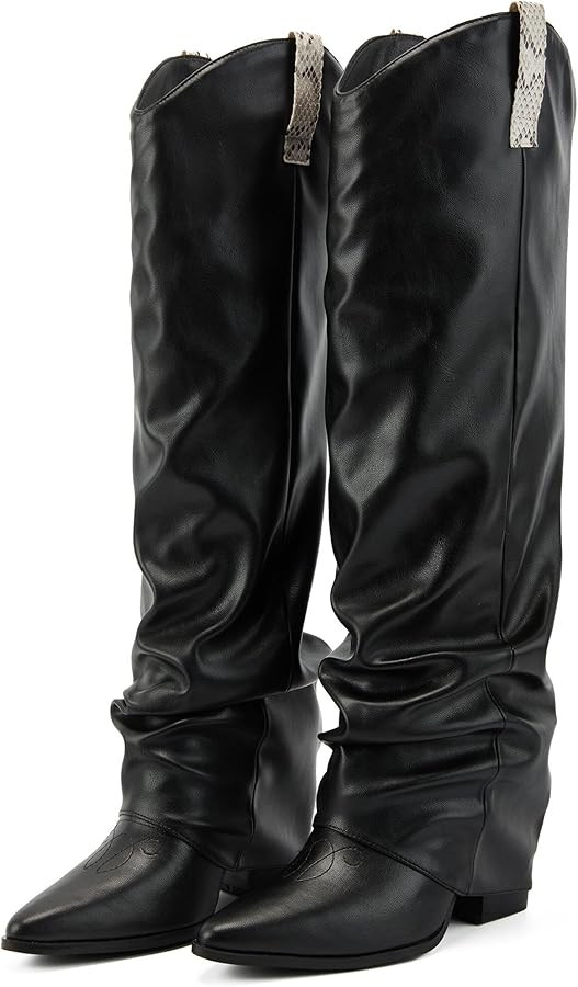 Putu Fold Over Boots for Women Knee High Cowboy Boots Chunky High Heel Tall Boots | Amazon (US)