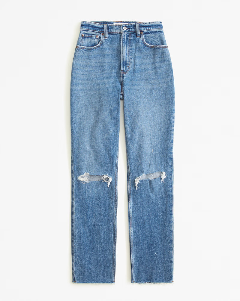 Abercrombie & Fitch Women's Curve Love Ultra High Rise 90s Straight Jean in Medium Destroy - Size 32 X-LONG | Abercrombie & Fitch (US)
