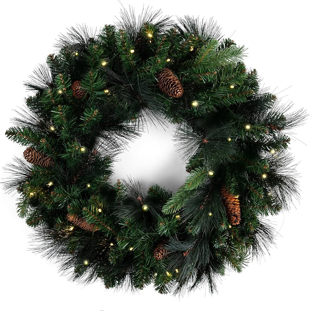 Papyrus 24" Pre-Lit Carolina Pine Artificial Wreath, Pine Cones, Warm White Light, Battery Powere... | Amazon (US)