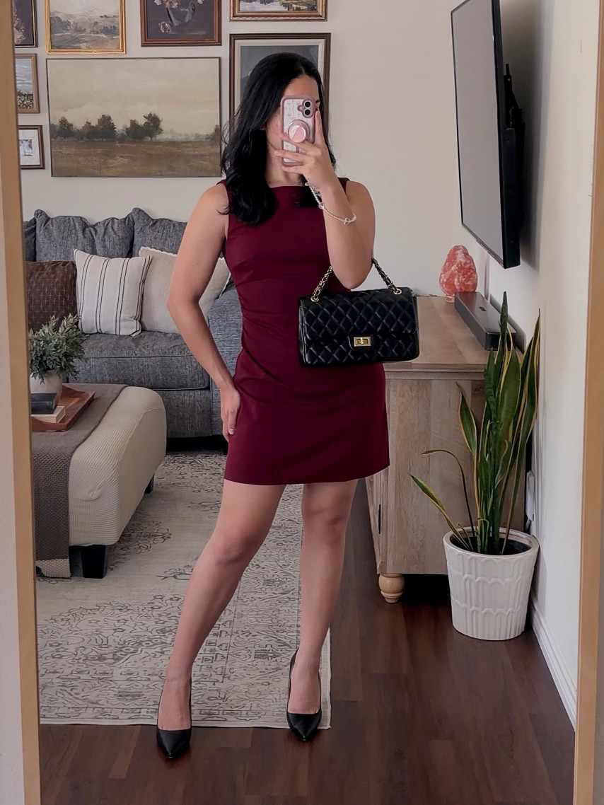 business chic 🥀 burgundy mini dress, burgundy dress outfit, wine red dress, maroon mini dress, fall dress outfit, date night outfit, dinner date outfit, going out outfit, classy mini dress, elegant mini dress, chic outfit, feminine outfit, dressy outfit ideas, black heels outfit, black pointed toe heels, quilted shoulder bag, black shoulder bag, black handbag outfit, gold jewelry outfit, sophisticated outfit, night out outfit, cocktail outfit, romantic outfit, date night fashion, fall fashion outfit, trendy outfit ideas, elevated basics, classy fashion, feminine fashion, stylish outfit ideas  

 #LTKdayinmylife #LTKgrwm #LTKootd
