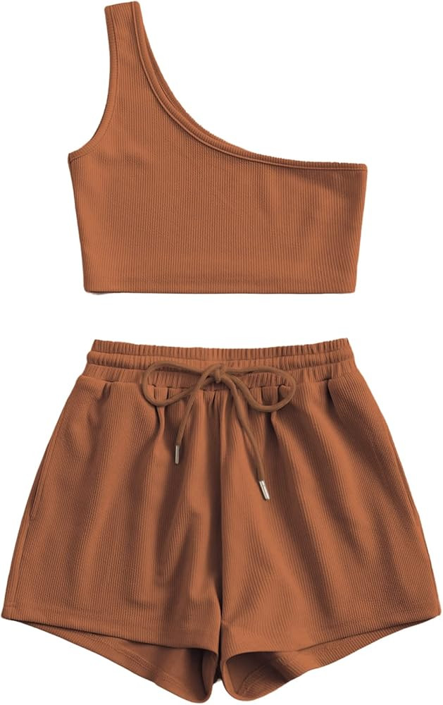 Verdusa Women's One Shoulder Tank Top and Lounge Shorts 2 Piece Tracksuit Set | Amazon (US)